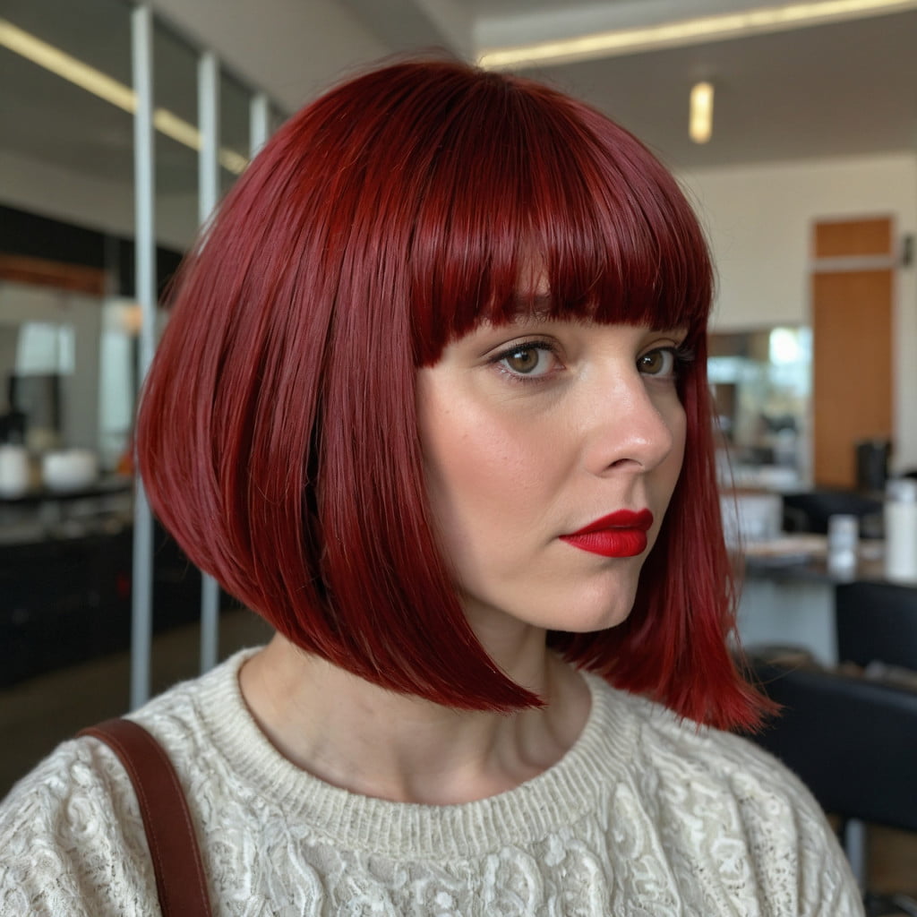 A tapered bob with bangs in a rich red velvet shade