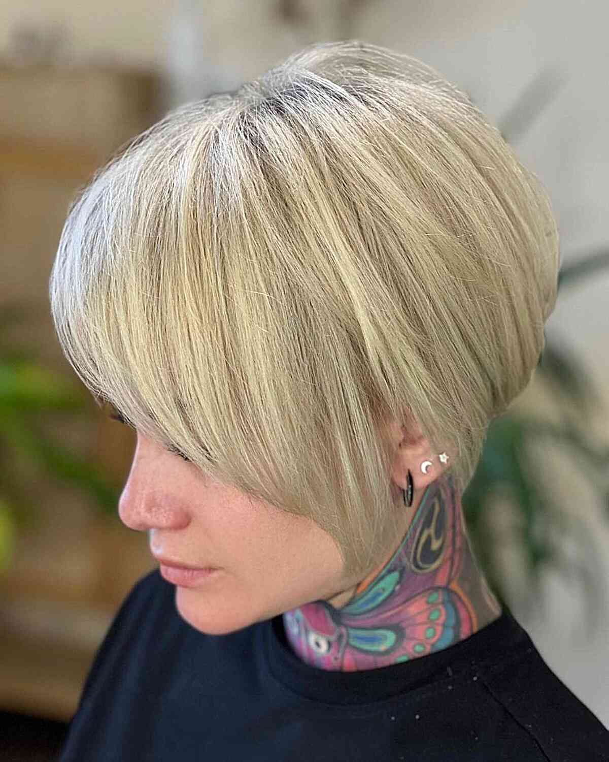 Short bob haircut with a lengthy fringe