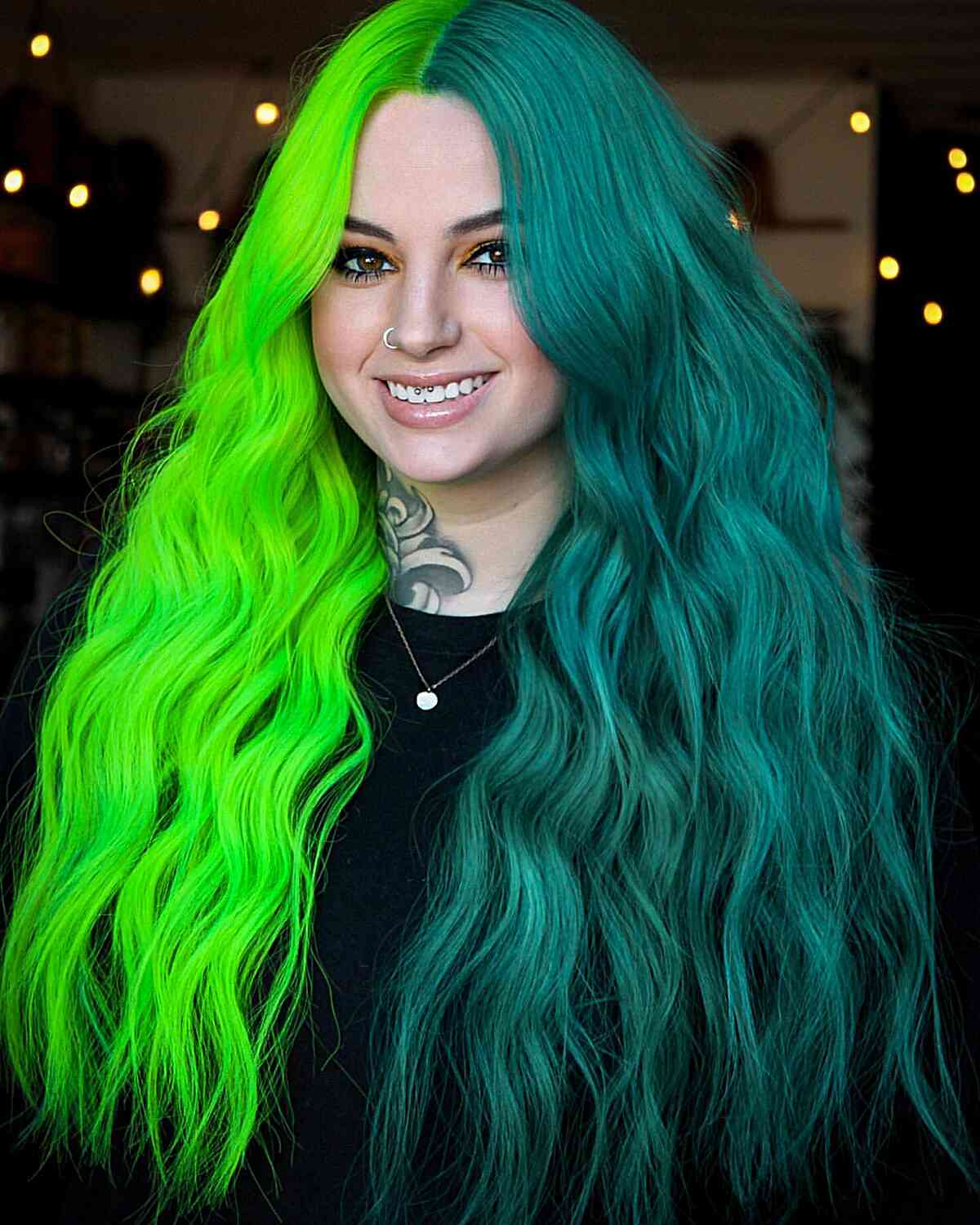 Long, Thick Hair Split Halfway in Neon Green and Teal