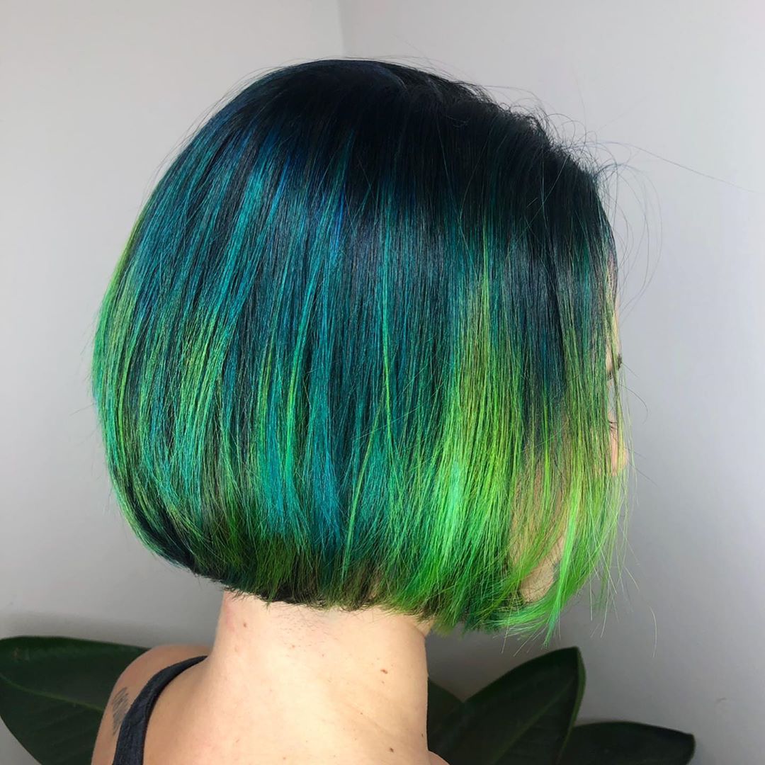 A balayage featuring shades of blue and green