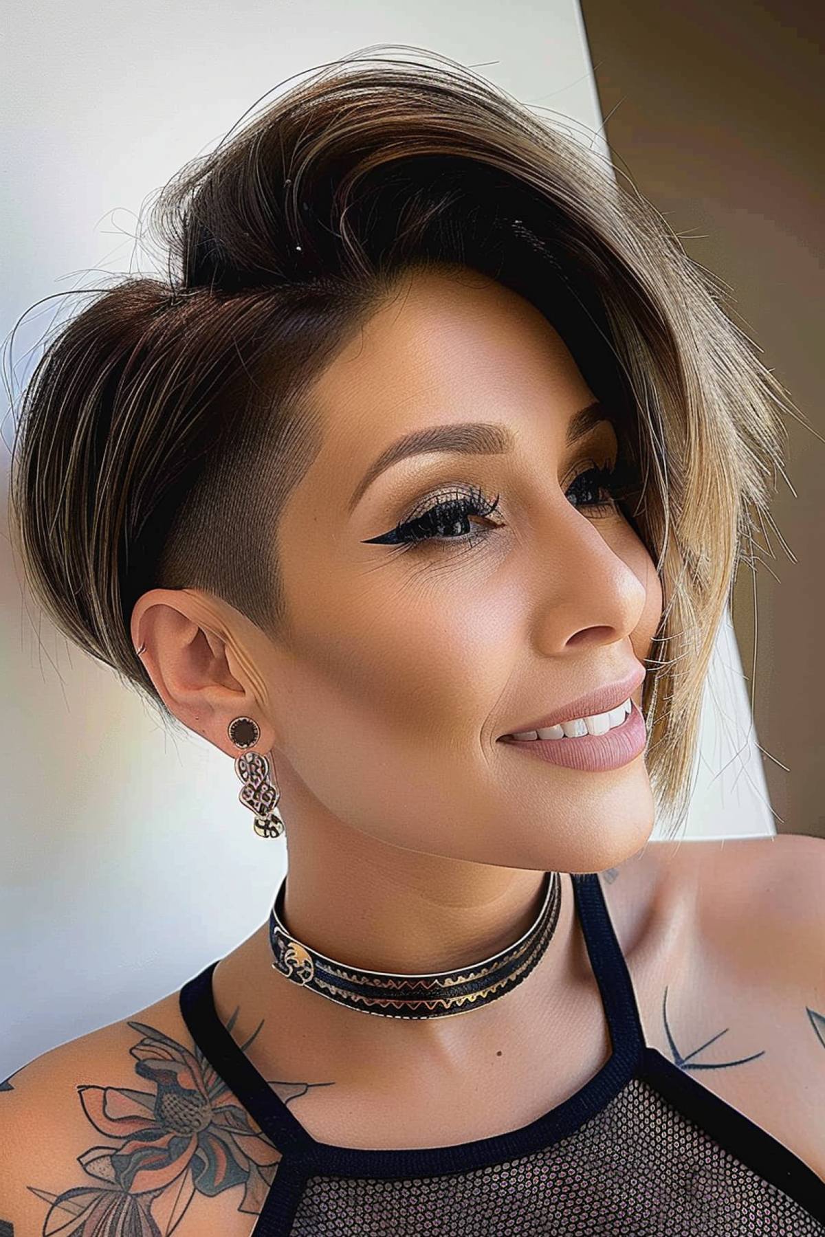 Voluminous Pixie Bob with Gradient Undercut and Sweeping Volume