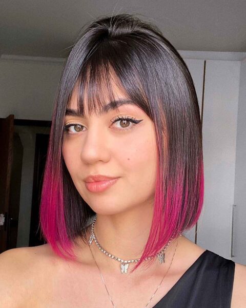 Stunning magenta ombre & straight lob & bangs