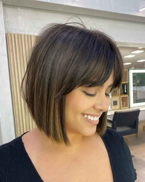 Trendy chin-length angle & curtain bangs
