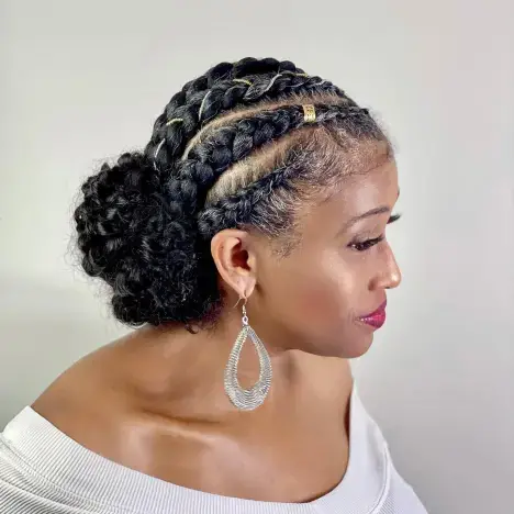 Large Side Cornrows with Curly Bun